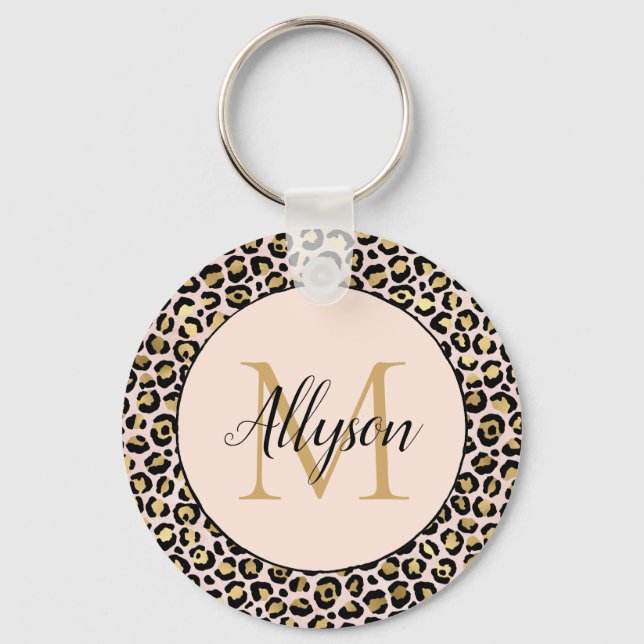 Blush Pink Gold Black Leopard Print Monogram Key Ring (Front)