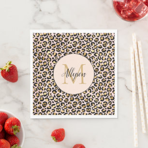 Blush Pink Gold Black Leopard Print Monogram       Napkin