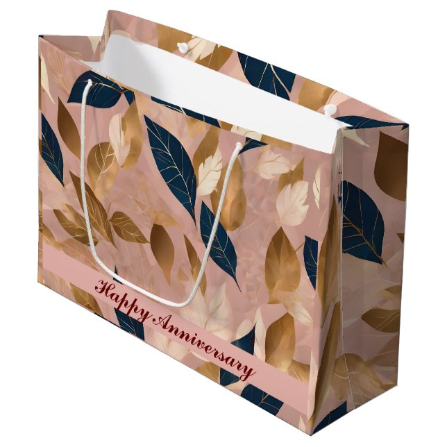 Blush Pink Gold Boho Leaves Popular Collection Large Gift Bag (Front Angled)