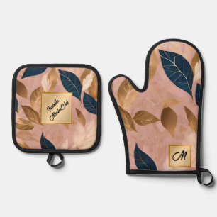 Blush Pink Gold Boho Leaves Popular Collection Oven Mitt & Pot Holder Set