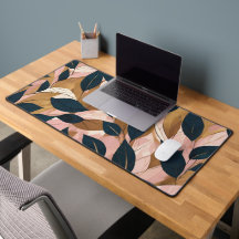 Blush Pink Gold Boho Leaves Trendy Collection Desk Mat