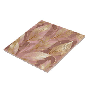 Blush Pink Gold Boho Modern Leaves Collection Ceramic Tile