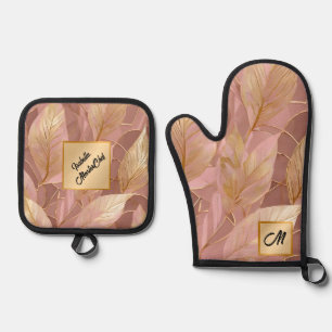 Blush Pink Gold Boho Modern Leaves Collection Oven Mitt & Pot Holder Set