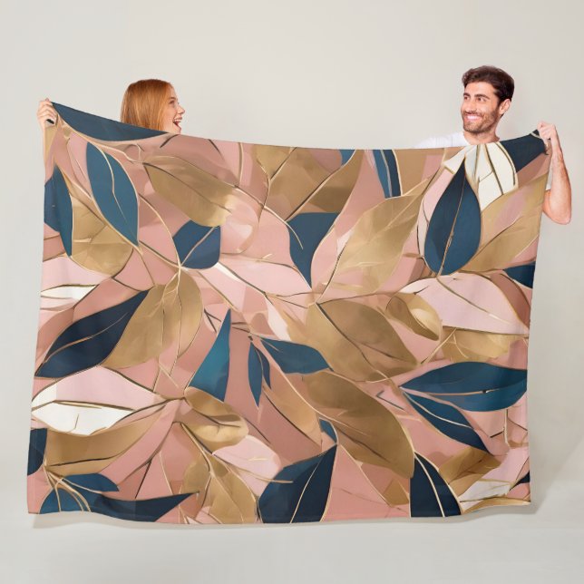 Blush Pink Gold Boho Popular Leaves Collection Fleece Blanket (In Situ)