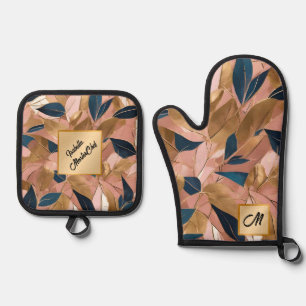 Blush Pink Gold Boho Popular Leaves Collection Oven Mitt & Pot Holder Set