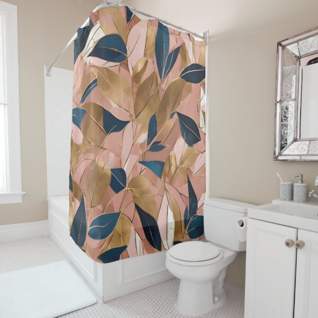 Blush Pink Gold Boho Popular Leaves Collection Shower Curtain (In Situ)