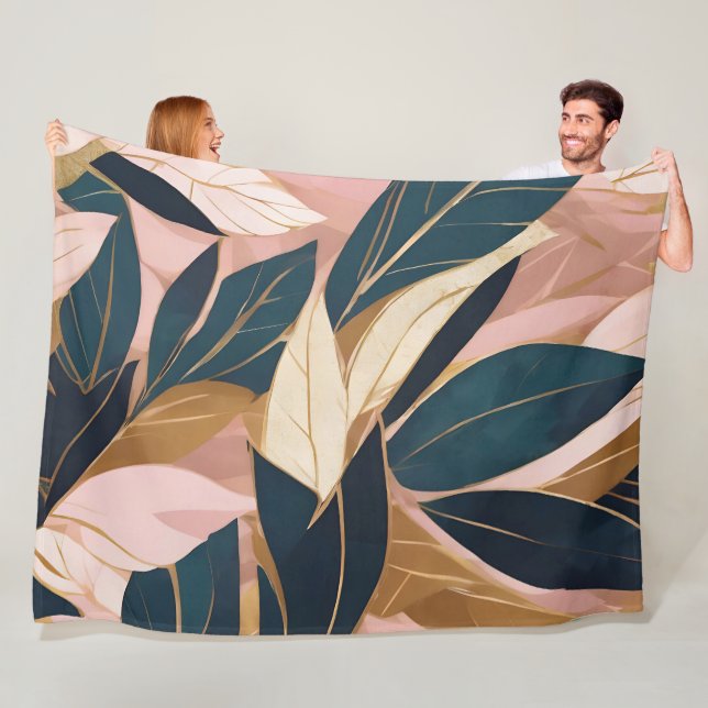 Blush Pink Gold Boho Trendy Leaves Collection Fleece Blanket (In Situ)