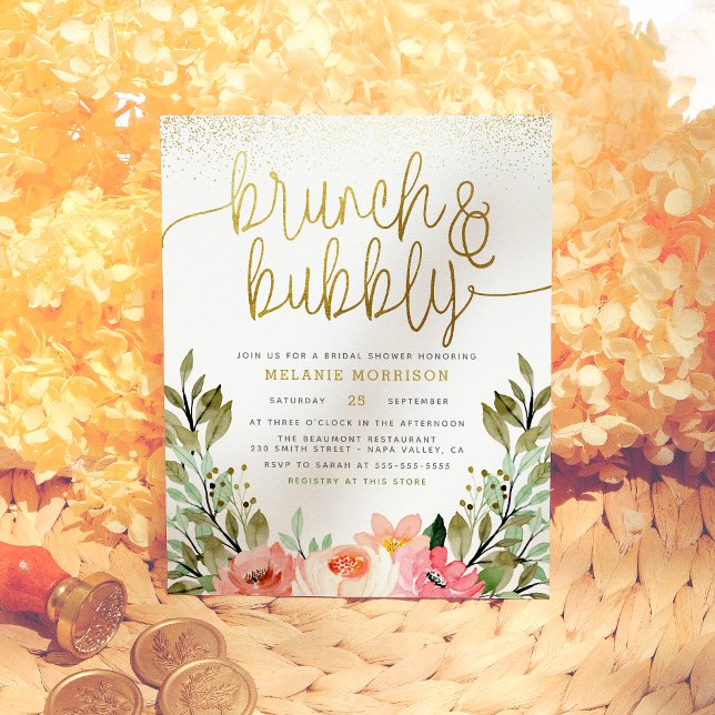 Blush Pink & Gold Brunch & Bubbly Bridal Shower Invitation Postcard (Creator Uploaded)