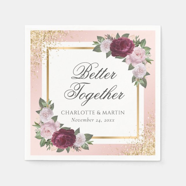 Blush Pink Gold Burgundy Floral Wedding Napkin (Front)