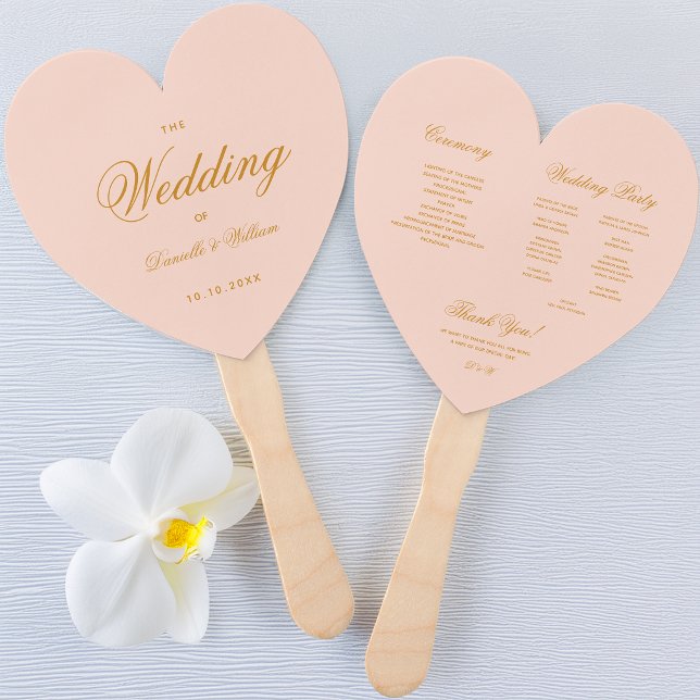 Blush Pink Gold Calligraphy Heart Wedding Program Hand Fan (Creator Uploaded)