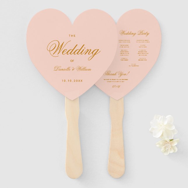 Blush Pink Gold Calligraphy Heart Wedding Program Hand Fan (Front and Back)