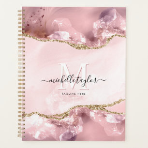 Blush Pink Gold Chic Glitter Gold Agate Monogram   Planner