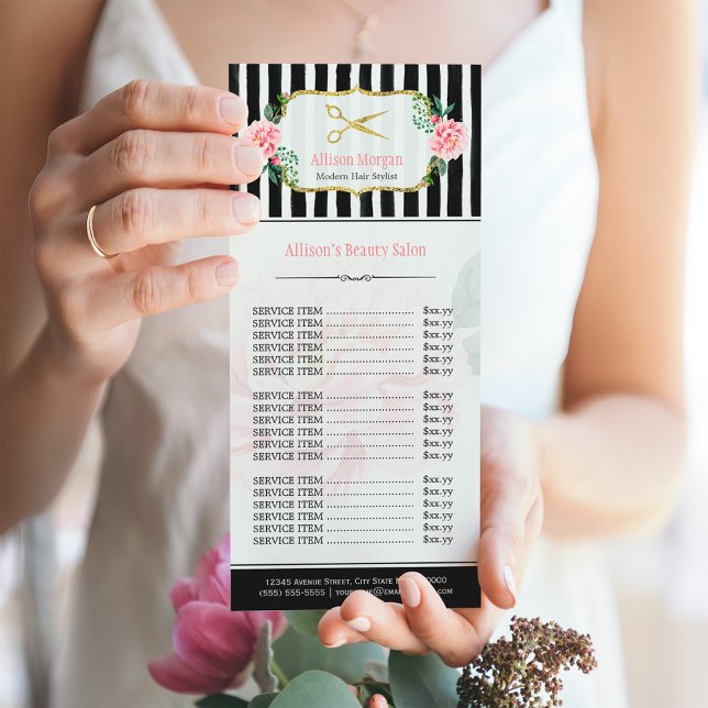 Blush Pink Gold Chic Hair Salon Floral Price List Rack Card (Creator Uploaded)