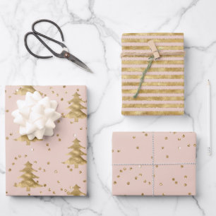 Blush Pink Gold Christmas Tree Stripes Sparkle     Wrapping Paper Sheet