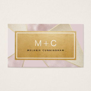 Blush Pink Gold Colour Block Monogram Business Car