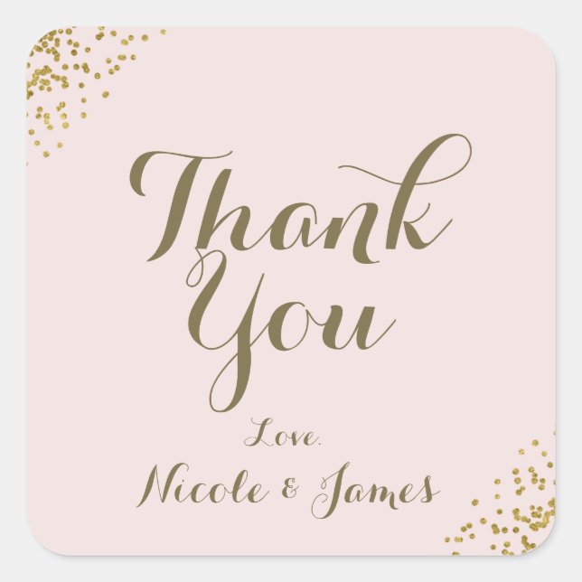Blush Pink Gold Confetti Corners Thank You Favour Square Sticker (Front)