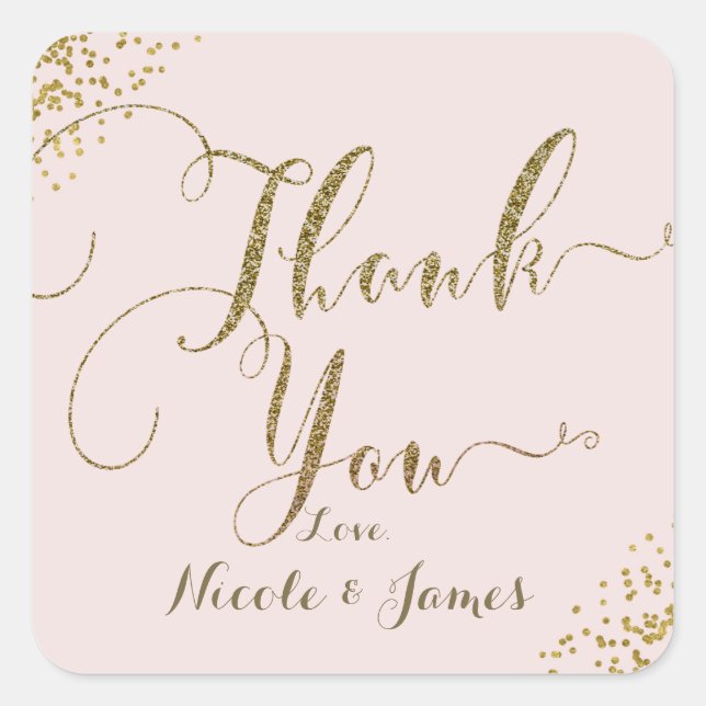 Blush Pink Gold Confetti Corners Thank You Favour Square Sticker (Front)