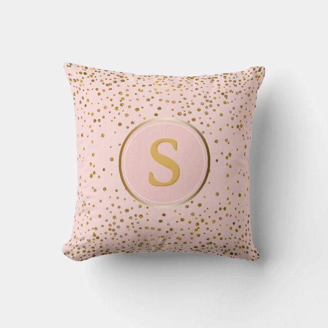 Blush Pink Gold Confetti Dots | Monogram Initial Cushion (Front)