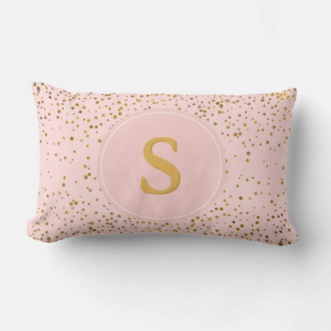 Blush Pink Gold Confetti Dots | Monogram Initial Lumbar Cushion (Front)