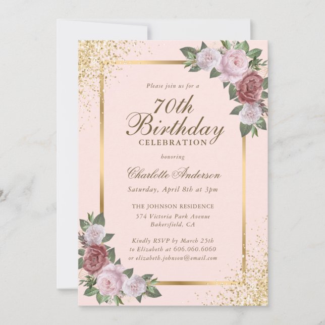 Blush Pink Gold Confetti Floral 70th Birthday Invitation (Front)