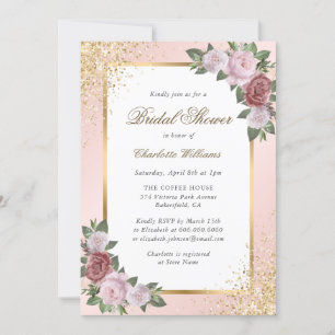 Blush Pink Gold Confetti Floral Bridal Shower Invitation