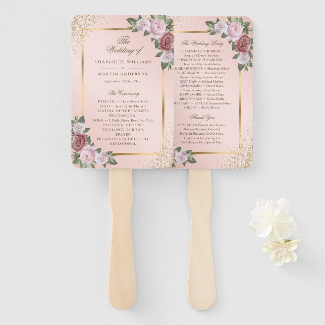 Blush Pink Gold Confetti Floral Wedding Program Hand Fan (Front and Back)
