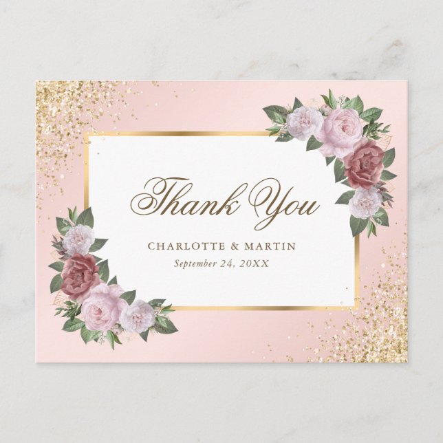 Blush Pink Gold Confetti Floral Wedding Thank You Postcard (Front)