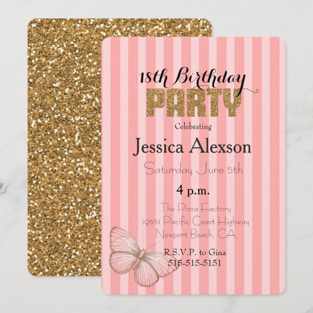 Blush Pink Gold Confetti Glitter 18th Birthday Invitation (Front/Back)