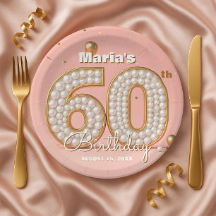 Blush Pink Gold Confetti Pearl 60th Birthday Paper Plate