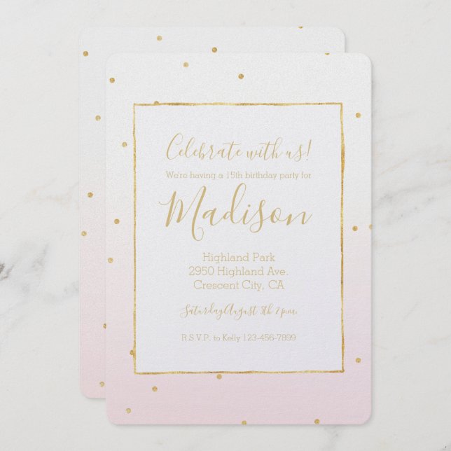 Blush Pink Gold Confetti Sparkle Ombre Birthday Invitation (Front/Back)