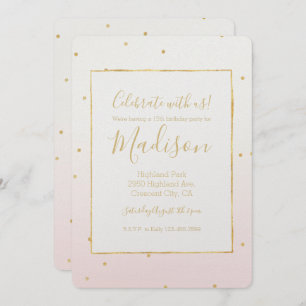 Blush Pink Gold Confetti Sparkle Ombre Birthday Invitation