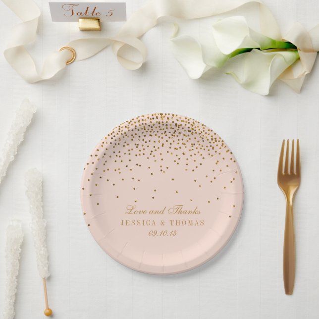 Blush Pink & Gold Confetti Wedding Paper Plate (Wedding)