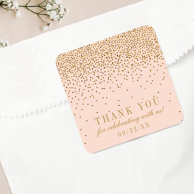 Blush Pink & Gold Confetti Wedding Thank You Square Sticker (Creator Uploaded)