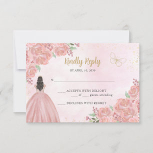 Blush Pink Gold Copper Floral Princess Quinceañera RSVP Card