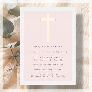 Blush Pink & Gold Cross Baptism Foil Invitation