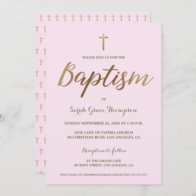 Blush Pink Gold Cross Custom Baby Girl Baptism Invitation (Front/Back)