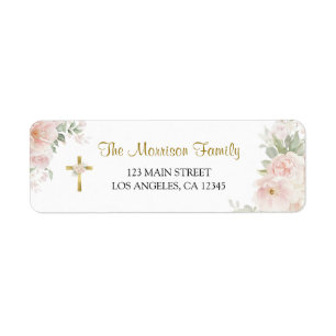Blush Pink Gold Cross Girl Baptism Return Address Label