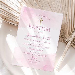 Blush Pink Gold Cross Girl Christening Baptism Invitation