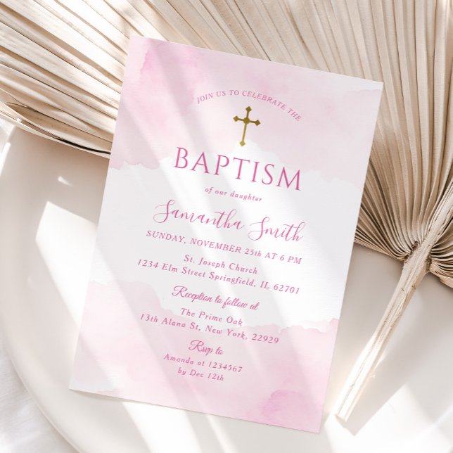 Blush Pink Gold Cross Girl Christening Baptism Invitation (Creator Uploaded)