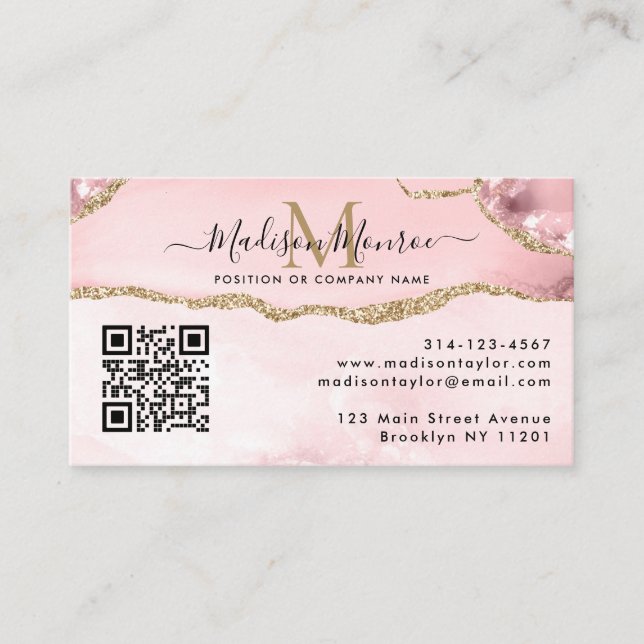 Blush Pink Gold Custom Logo QR Code Agate Monogram Business Card (Front)