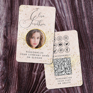 Blush Pink Gold Custom Social Media QR Code Photo Business Card