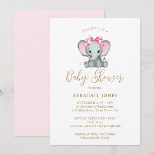 Blush Pink Gold Cute Elephant Elegant Baby Shower Invitation