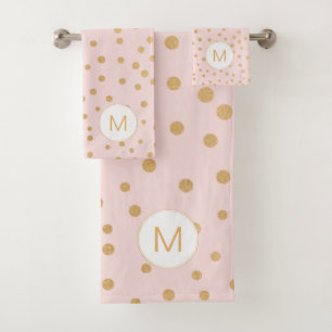 Blush Pink gold dot monogram bathroom Bath Towel Set