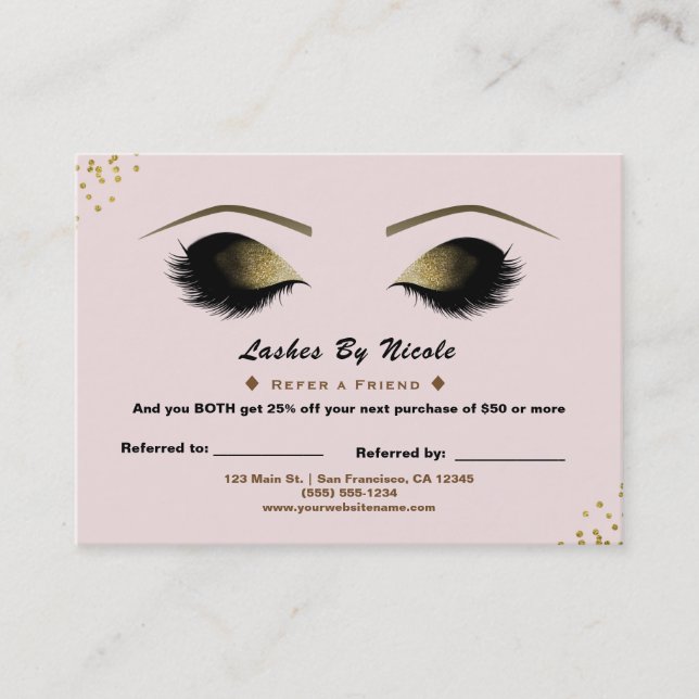 Blush Pink Gold Dots Lashes Refer Friend Aftercare Referral Card (Front)
