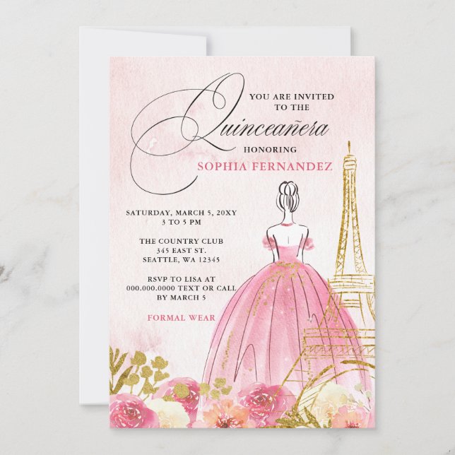 Blush Pink Gold Eiffel Tower Paris Quinceañera Invitation (Front)