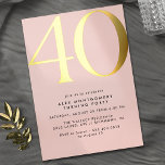 Blush Pink & Gold | Elegant Womens 40th Birthday<br><div class="desc">Modern style 40th birthday invitations with heading "40" text in real metallic foil. Your event details are printed in matte black. Gold accents on a feminine light pink background.</div>