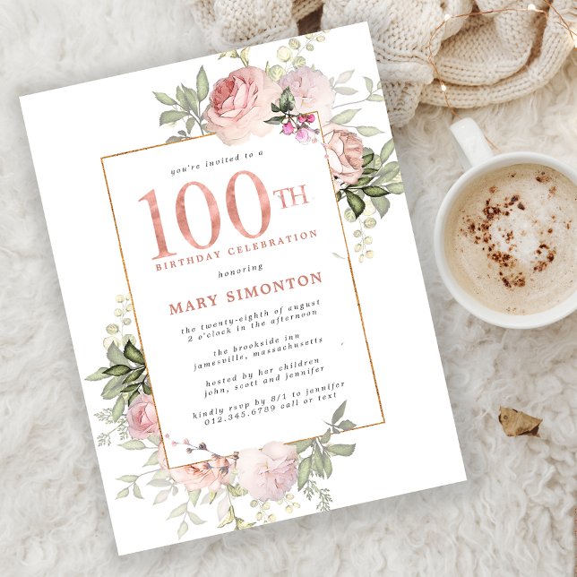 Blush Pink Gold Floral 100th Birthday Party Invitation Postcard (Creator Uploaded)