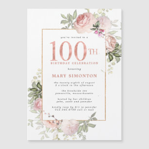 Blush Pink Gold Floral 100th Birthday Party Magnetic Invitation