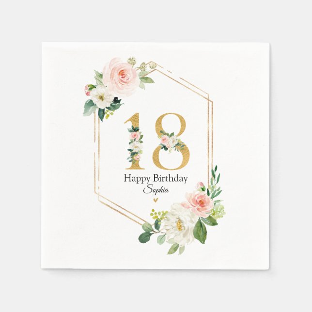 Blush Pink & Gold Floral 18th Birthday Custom Napkin (Front)