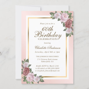 Blush Pink Gold Floral 60th Birthday Invitation